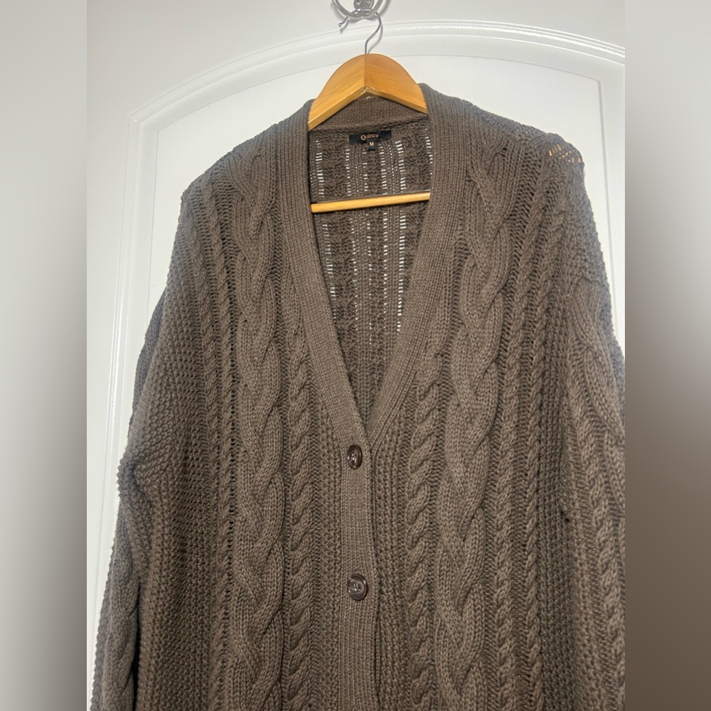 Quince Organic Cotton Oversized Cable Knit Cardigan Brown Size M 90s chic cozy - Picture 5 of 15